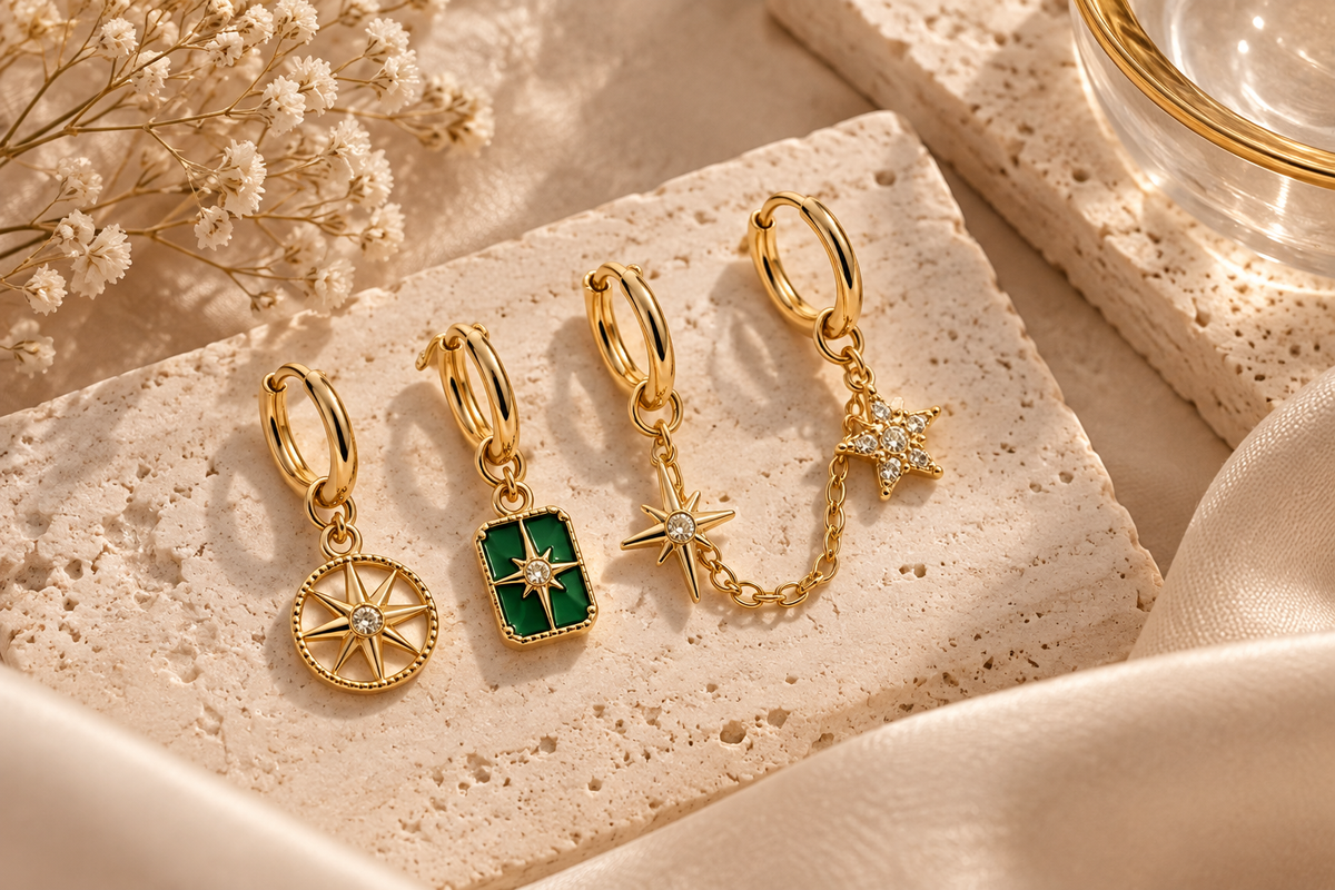 ZEVRA Zincirli Kutup Yıldızı Küpe Seti – Gold - Premium görseli